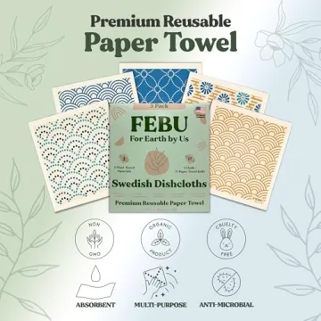 FEBU Swedish Dishcloths for Kitchen | 5 Pack Japanese Reusable Paper Towels Washable | Swedish Dish Towels | Non-Scratch Cellulose Sponge Cloths | No Odor, Biodegradable Cleaning Cloths