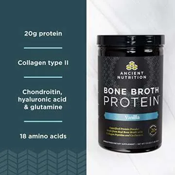 Ancient Nutrition Protein Powder Made from Real Bone Broth, Vanilla, 20g Protein Per Serving, 40 Serving Tub, Gluten Free Hydrolyzed Collagen Peptides Supplement, Great in Protein Shakes