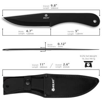 REAT Throwing Knives - 3 Piece,10" 440 Stainless Steel with Black Coating, Includes Sheath for Safe ...