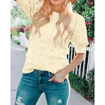 MEROKEETY Women's 2025 Spring Hollow Out Puff Short Sleeve Sweaters Casual Pullover Cozy Knit Tops B...