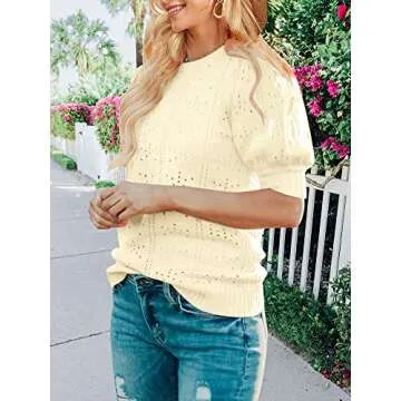 MEROKEETY Women's 2025 Spring Hollow Out Puff Short Sleeve Sweaters Casual Pullover Cozy Knit Tops Beige