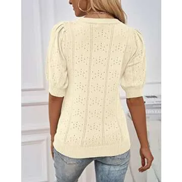 MEROKEETY Women's 2025 Spring Hollow Out Puff Short Sleeve Sweaters Casual Pullover Cozy Knit Tops Beige