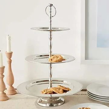 3-Tier Beaded Buffet Serving Stand in Elegant Silver