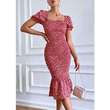 PRETTYGARDEN Summer Floral Bodycon Midi Dresses for Women, Puff Sleeve, Mermaid Designer, Baby Showe...