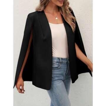 GAMISOTE Womens Cape Blazer Split Sleeve Open Front Casual Jacket Coat Workwear Black