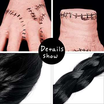 Junova Goth Halloween Costume Wednesday Addams Outfit - Braided Wigs with Bangs, Fake Thing Hand Add...