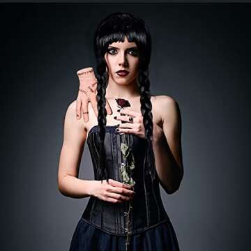 Junova Goth Halloween Costume Wednesday Addams Outfit - Braided Wigs with Bangs, Fake Thing Hand Addams Family Set (Set)