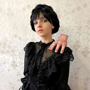 Junova Goth Halloween Costume Wednesday Addams Outfit - Braided Wigs with Bangs, Fake Thing Hand Addams Family Set (Set)