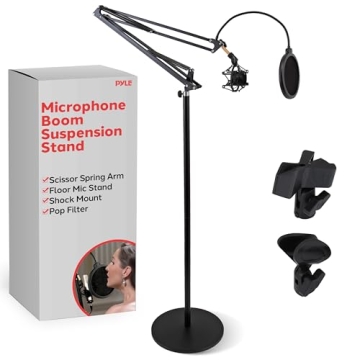 Pyle Microphone Boom Suspension Stand - Adjustable Floor Mic Stand with Pop Filter & Shock Mount (PM...