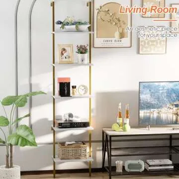 Wolawu Ladder Shelf 5 Tiers Metal Industrial Bookshelf,White Marble Wood Tall Open Storage Rack and ...