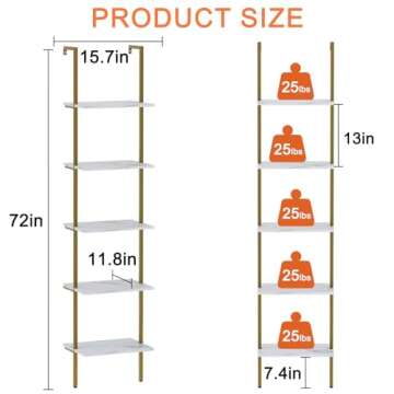 Wolawu Ladder Shelf 5 Tiers Metal Industrial Bookshelf,White Marble Wood Tall Open Storage Rack and Display Shelves,Wall Mount Wide Book Case for Home Office Bedroom,Small