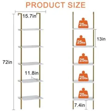 Wolawu Ladder Shelf 5 Tiers Metal Industrial Bookshelf,White Marble Wood Tall Open Storage Rack and Display Shelves,Wall Mount Wide Book Case for Home Office Bedroom,Small