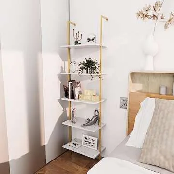 Wolawu Ladder Shelf 5 Tiers Metal Industrial Bookshelf,White Marble Wood Tall Open Storage Rack and Display Shelves,Wall Mount Wide Book Case for Home Office Bedroom,Small