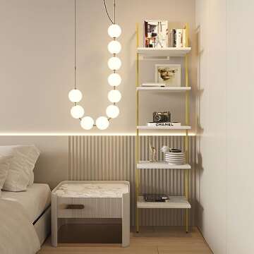 Wolawu Ladder Shelf 5 Tiers Metal Industrial Bookshelf,White Marble Wood Tall Open Storage Rack and Display Shelves,Wall Mount Wide Book Case for Home Office Bedroom,Small