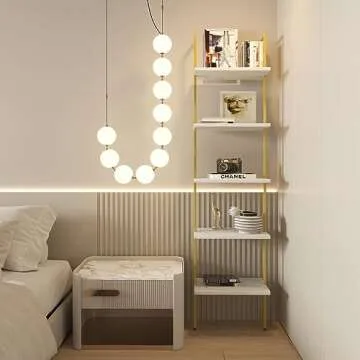 Wolawu Ladder Shelf 5 Tiers Metal Industrial Bookshelf,White Marble Wood Tall Open Storage Rack and Display Shelves,Wall Mount Wide Book Case for Home Office Bedroom,Small