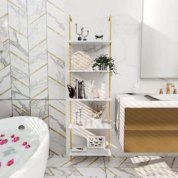 Wolawu Ladder Shelf 5 Tiers Metal Industrial Bookshelf,White Marble Wood Tall Open Storage Rack and Display Shelves,Wall Mount Wide Book Case for Home Office Bedroom,Small