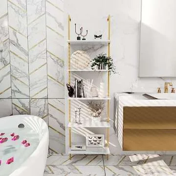 Wolawu Ladder Shelf 5 Tiers Metal Industrial Bookshelf,White Marble Wood Tall Open Storage Rack and Display Shelves,Wall Mount Wide Book Case for Home Office Bedroom,Small