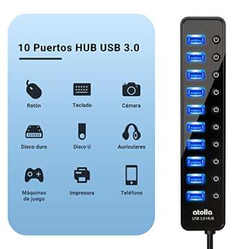 Powered USB 3.0 Hub, atolla 10 Ports USB Data Hub Splitter with Individual ON/Off Switches and 12V/2...