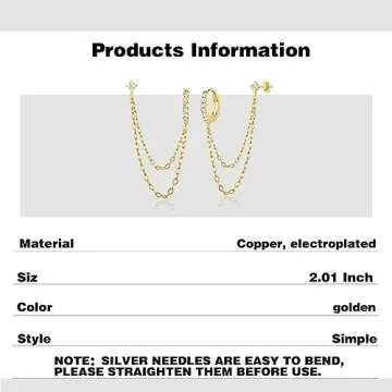 COARVXA 925 Sterling Silver Gold Plated Four Zircons Flower Stud Chain Earrings | Double Piercing Dangle Chain Huggie Hoop Earrings | Four Zirconia Stud Earrings Jewelry Gifts for Women