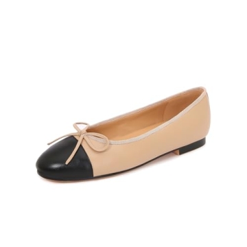 VivaLaver Women's Cap Toe Ballet Flats - Chic Two Tone Bow Design for Comfort and Style
