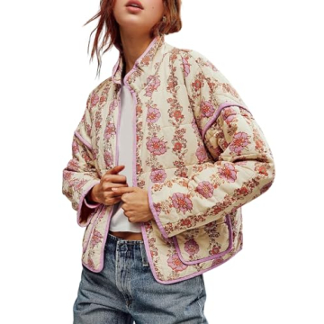 Wyeysyt Women's Cropped Puffer Jacket Floral Print Lightweight Quilted Coat