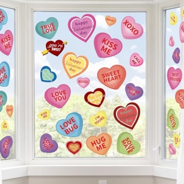 AKEROCK Valentines Day Window Clings, Colorful Heart Shaped Reusable Static Window Stickers for Vale...