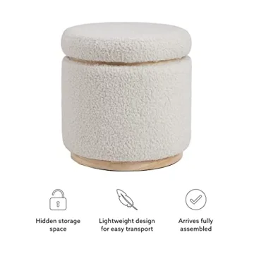 Stylish Linon Cream Sherpa Round Storage Ottoman