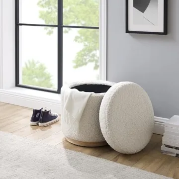 Stylish Linon Cream Sherpa Round Storage Ottoman
