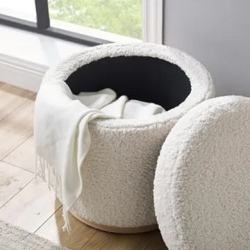 Stylish Linon Cream Sherpa Round Storage Ottoman