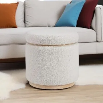 Stylish Linon Cream Sherpa Round Storage Ottoman
