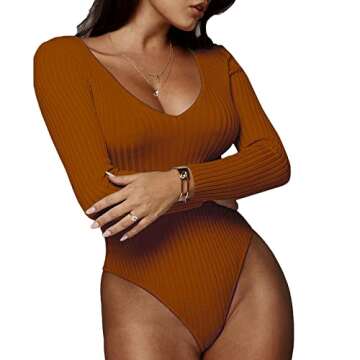 Weigou Women's Deep V Neck Long Sleeve Bodysuit - Stylish and Comfortable Fashion