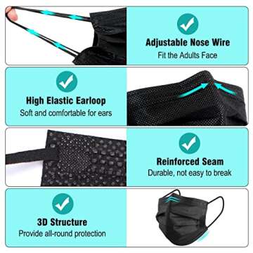 100 Pack Disposable Face Masks, 3 Ply Filter Protection Black Disposable Face Masks