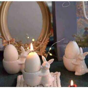 Easter Bunny Porcelain Egg Cup for Soft Hard Boiled Egg, Easter Bunny Rabbit Tealight Candle Holder for Easter Spring Decoration Dinner Dinning Room Table Centerpiece Décor