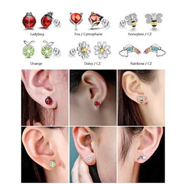 20 Pairs Stainless Steel Opal Cute Stud Earrings Set for Women Animal Rainbow Ladybug Bee Butterfly Grog Cat Snake Fox Dog Spider Delicate Stud Earrings Hypoallergenic Jewelry set