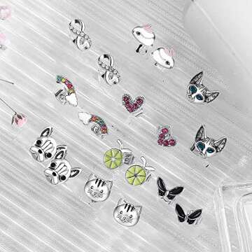 20 Pairs Stainless Steel Opal Cute Stud Earrings Set for Women Animal Rainbow Ladybug Bee Butterfly Grog Cat Snake Fox Dog Spider Delicate Stud Earrings Hypoallergenic Jewelry set