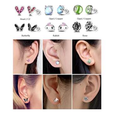 20 Pairs Stainless Steel Opal Cute Stud Earrings Set for Women Animal Rainbow Ladybug Bee Butterfly Grog Cat Snake Fox Dog Spider Delicate Stud Earrings Hypoallergenic Jewelry set