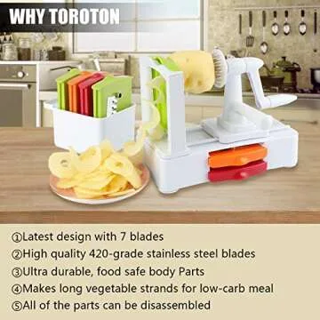 TOROTON 7 Blade Spiralizer, Vegetable Slicer with Durable Stainless Steel Blades, Kitchen Cooking Tool, Spiral Zoodle Maker with Blade Store Container - White