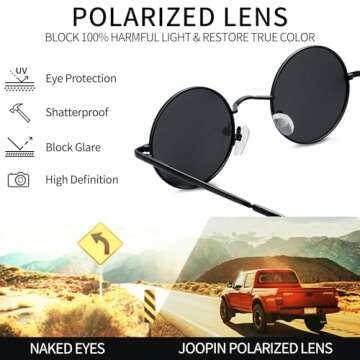 Joopin Round Sunglasses for Men Women Small Circle Hippie Sun Glasses Polarized UV400 Protection Trendy Black Circular Shades Costume