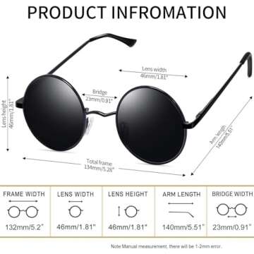Joopin Round Sunglasses for Men Women Small Circle Hippie Sun Glasses Polarized UV400 Protection Trendy Black Circular Shades Costume