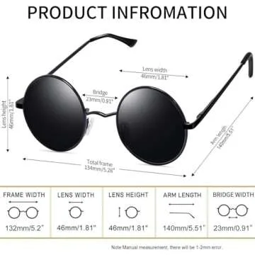 Joopin Round Sunglasses for Men Women Small Circle Hippie Sun Glasses Polarized UV400 Protection Trendy Black Circular Shades Costume
