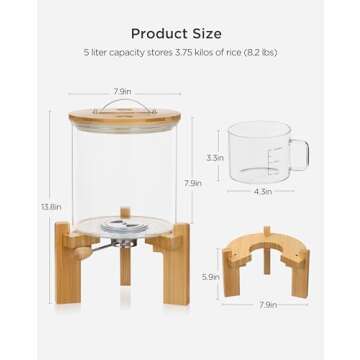 HBlife 8 lbs Glass Rice Dispenser with Wooden Stand Flour and Cereal Container with Glass Measuring Cup Pantry Food Organization Storage Bin with Airtight Bamboo Lid, 5L
