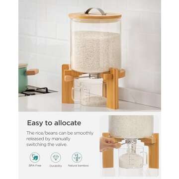 HBlife 8 lbs Glass Rice Dispenser with Wooden Stand Flour and Cereal Container with Glass Measuring Cup Pantry Food Organization Storage Bin with Airtight Bamboo Lid, 5L
