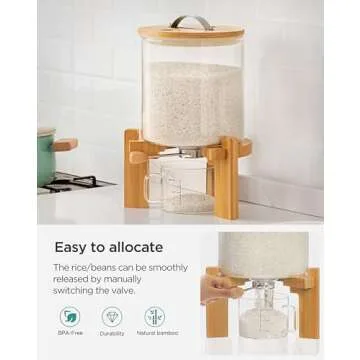 HBlife 8 lbs Glass Rice Dispenser with Wooden Stand Flour and Cereal Container with Glass Measuring Cup Pantry Food Organization Storage Bin with Airtight Bamboo Lid, 5L