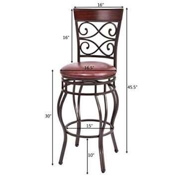COSTWAY Bar Stools Set of 4, 360 Degree Swivel, 30" Bar Height Bar stools, with Leather Padded Seat Bistro Dining Kitchen Pub Metal Vintage Chairs with Back (Set of 4)