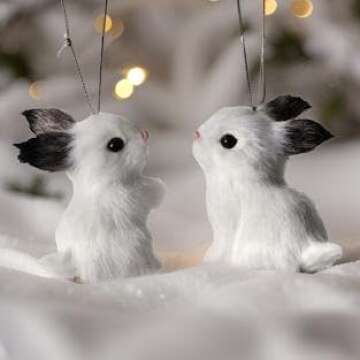 The Bridge Collection Furry Rabbit Ornaments - Set of 2 - Adorable Bunny Christmas Ornaments - Animal Ornaments
