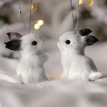 The Bridge Collection Furry Rabbit Ornaments - Set of 2 - Adorable Bunny Christmas Ornaments - Animal Ornaments