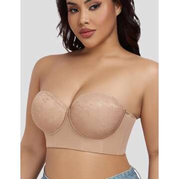 FallSweet Lace Strapless Bustier Bra for Women Underwire Longline Corset Top, Beige,44C
