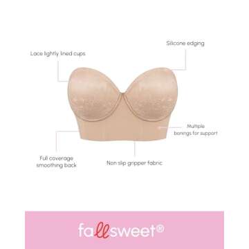 FallSweet Lace Strapless Bustier Bra for Women Underwire Longline Corset Top, Beige,44C