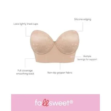 FallSweet Lace Strapless Bustier Bra for Women Underwire Longline Corset Top, Beige,44C