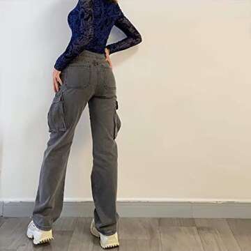 Women's Y2k Wide Leg Boyfriend Jeans High Waisted Baggy Flap Pocket Relaxed Fit Cargo Jeans Streetwear Loose Denim Pants L# Grey X-Small
